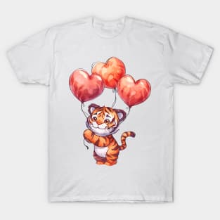 Valentine Tiger Holding Heart Shaped Balloons T-Shirt